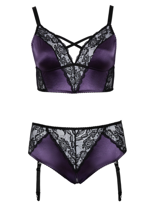 Cottelli Collection Bralette & Crotchless Suspender Brief Set Purple and Black from Nice 'n' Naughty