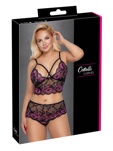 Cottelli Curves Longline Bra & Brief Set Black and Pink from Nice 'n' Naughty
