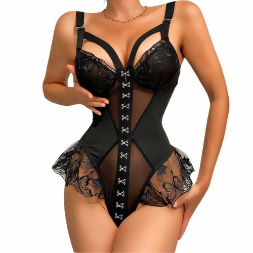 De Namour Ruffled ‌Lace Mesh Bodysuit w Hook Front Black from Nice 'n' Naughty