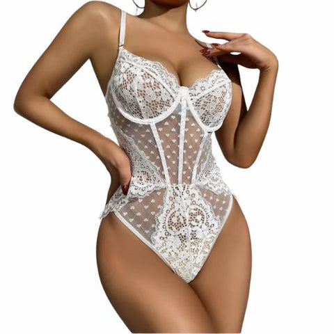 De Namour Sheer Lace and Mesh Sculpting Bodysuit White from Nice 'n' Naughty
