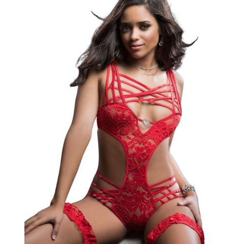 G World 2Pc Caged Teddy with Lace Garters Red from Nice 'n' Naughty