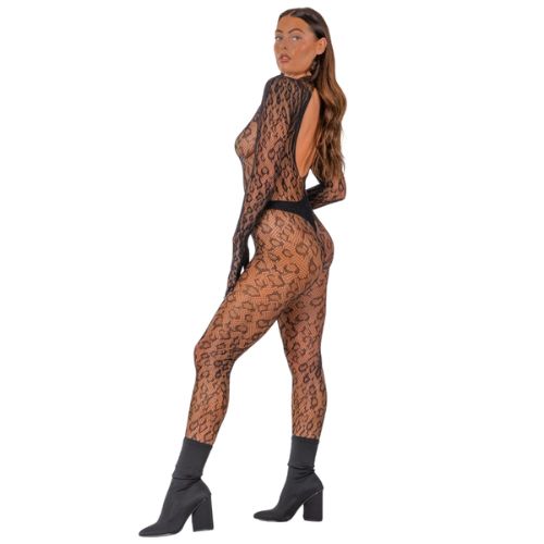 Lace by LJ Gloved Leopard Print Catsuit Black from Nice 'n' Naughty