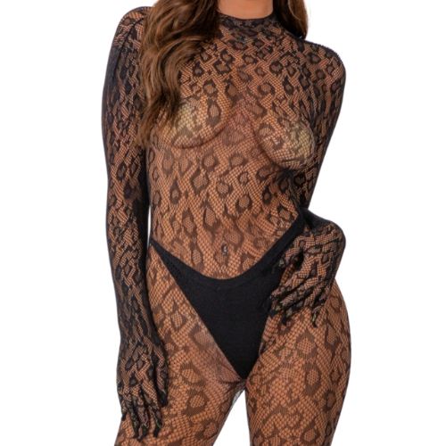 Lace by LJ Gloved Leopard Print Catsuit Black from Nice 'n' Naughty