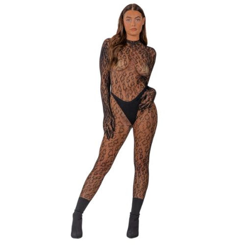 Lace by LJ Gloved Leopard Print Catsuit Black from Nice 'n' Naughty