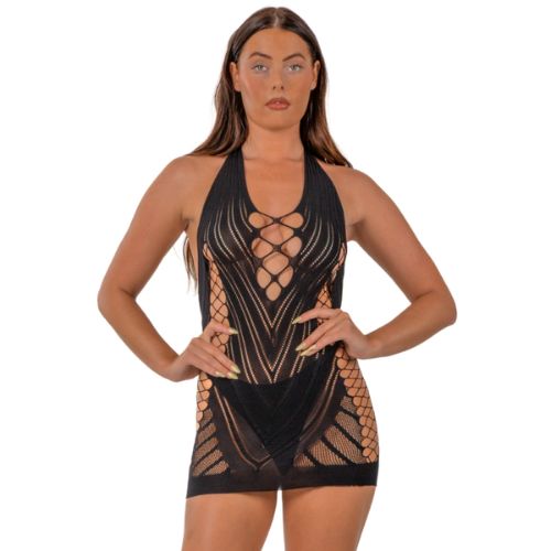 Lace by LJ Halter Neck Dress with Faux Lace Up Front Black from Nice 'n' Naughty
