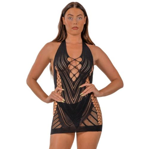 Lace by LJ Halter Neck Dress with Faux Lace Up Front Black from Nice 'n' Naughty