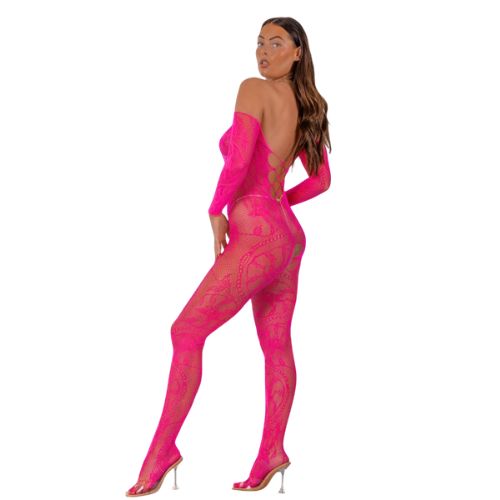 Lace by LJ Lace Up Front Crotchless Bodystocking Fuchsia from Nice 'n' Naughty