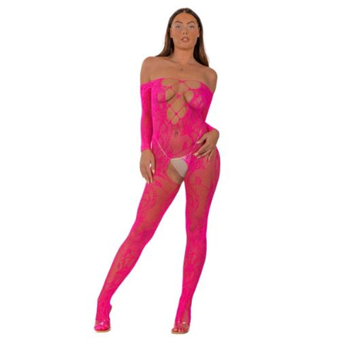 Lace by LJ Lace Up Front Crotchless Bodystocking Fuchsia from Nice 'n' Naughty