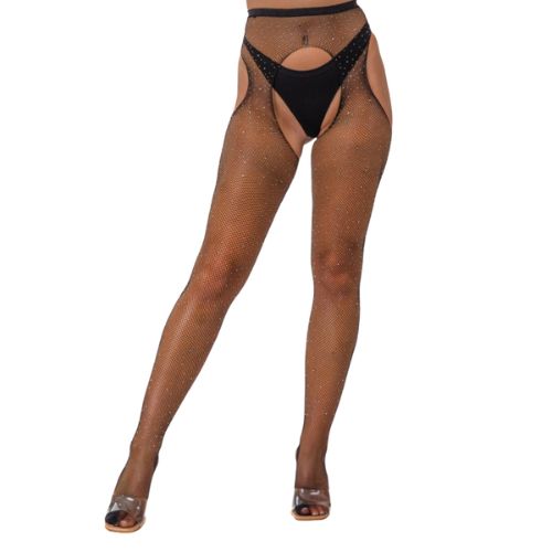 Lace by LJ Rhinestone Fishnet Crotchless Pantyhose Black from Nice 'n' Naughty