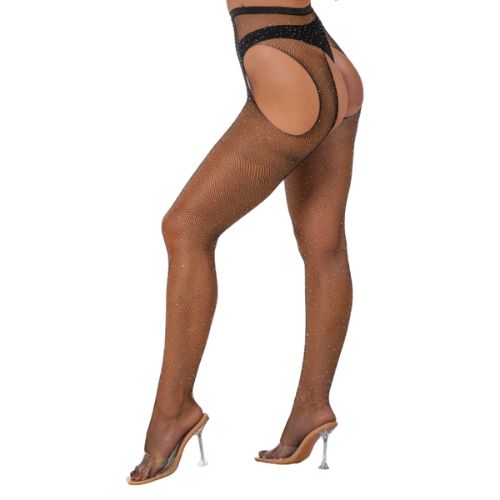 Lace by LJ Rhinestone Fishnet Crotchless Pantyhose Black from Nice 'n' Naughty