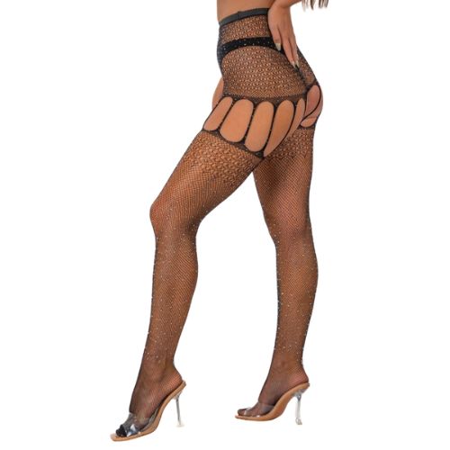 Lace by LJ Rhinestone Suspender Tights Black from Nice 'n' Naughty