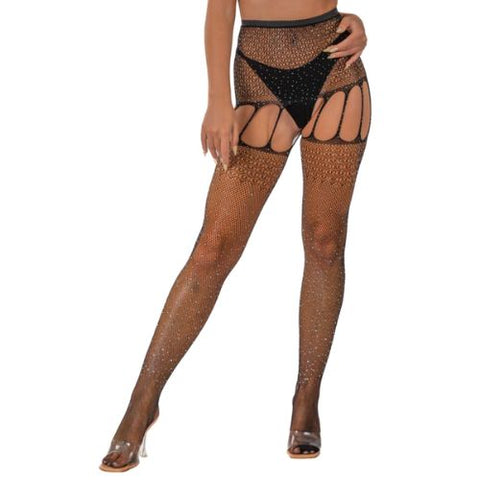 Lace by LJ Rhinestone Suspender Tights Black from Nice 'n' Naughty