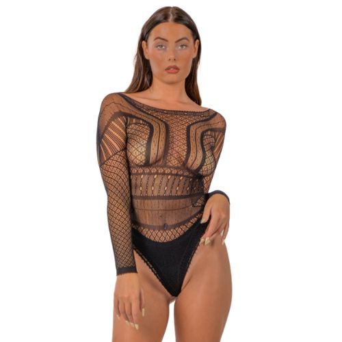 Lace by LJ Seamless Lace Long Sleeved Bodysuit Black from Nice 'n' Naughty