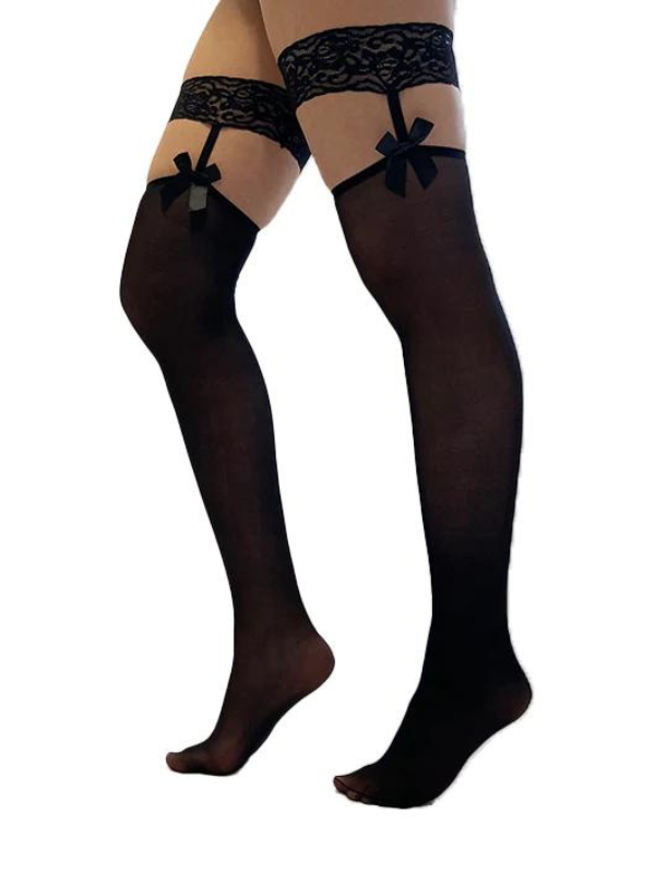 Pamela Mann Lace Top Hold Ups with Bow at Welt Black from Nice 'n' Naughty