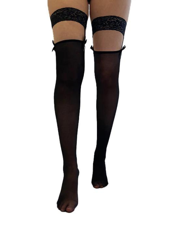 Pamela Mann Lace Top Hold Ups with Bow at Welt Black from Nice 'n' Naughty